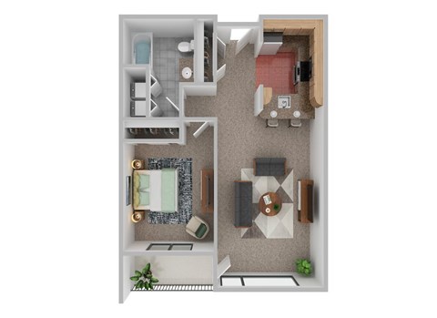 A top-down view of a small apartment with a kitchen, living room, and bathroom.